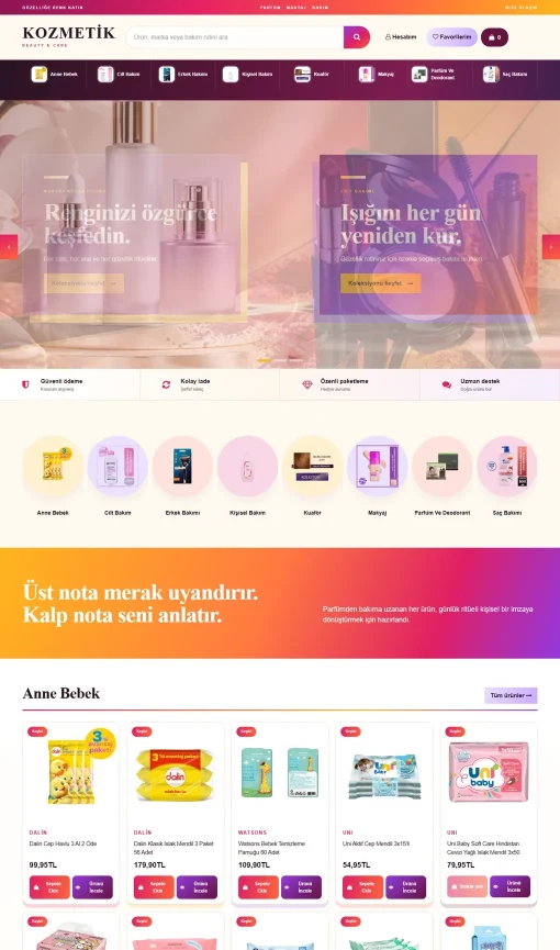 OpenCart Kozmetik Teması V1 ana sayfa görünümü