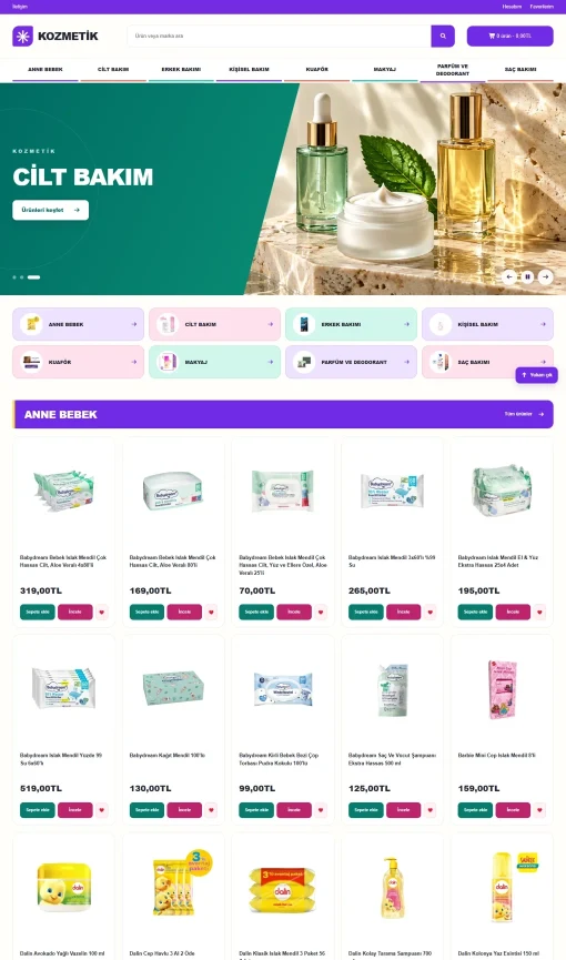 OpenCart 4.x Kozmetik Teması V2 ana sayfa görünümü
