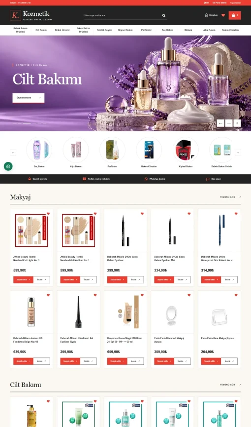 OpenCart Kozmetik Teması V3 ana sayfa görünümü